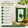 Benefits of Organic Moringa Powder for daily nutrition support, overall well-being, antioxidants, digestion, skin, hair, and immunity support.