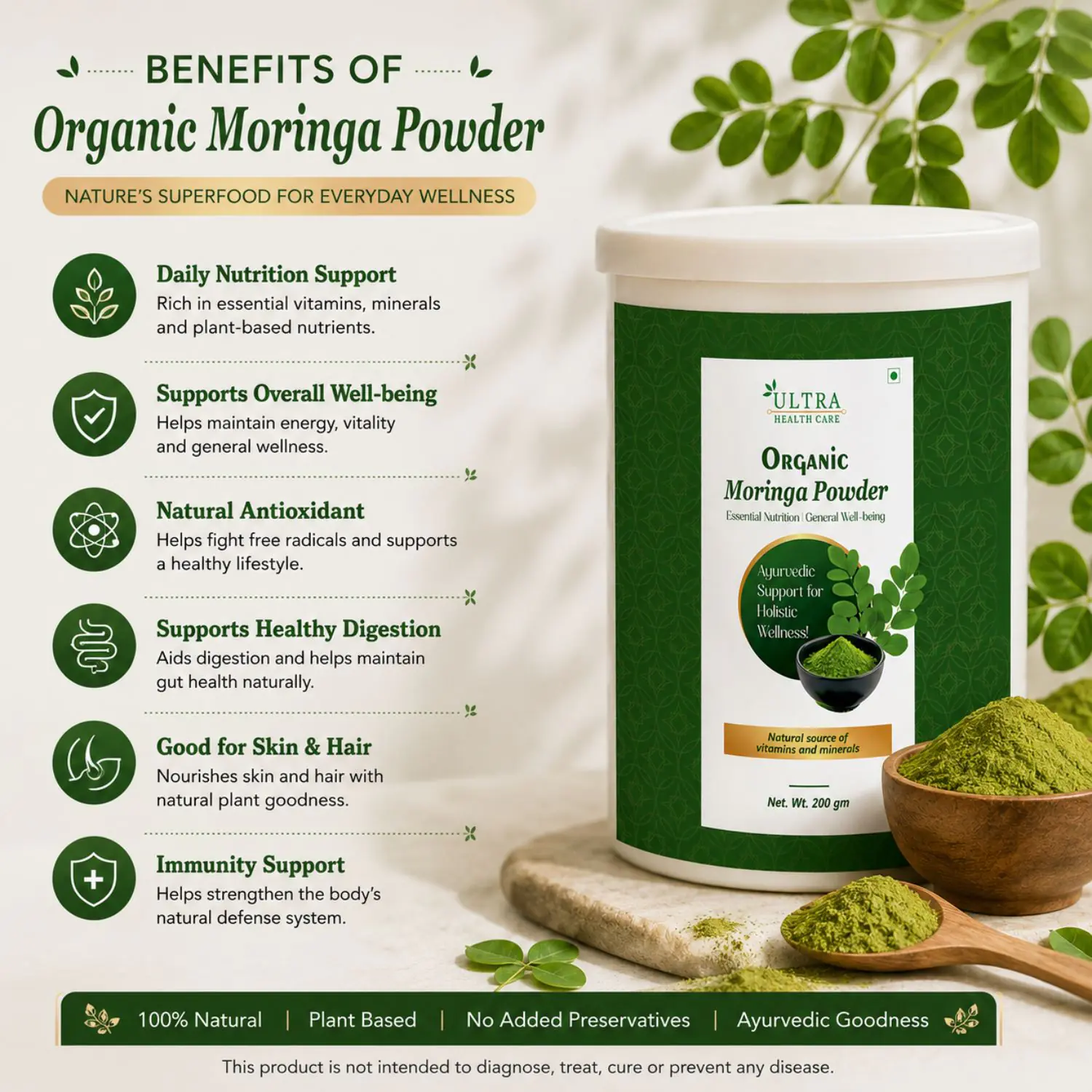 Benefits of Organic Moringa Powder for daily nutrition support, overall well-being, antioxidants, digestion, skin, hair, and immunity support.