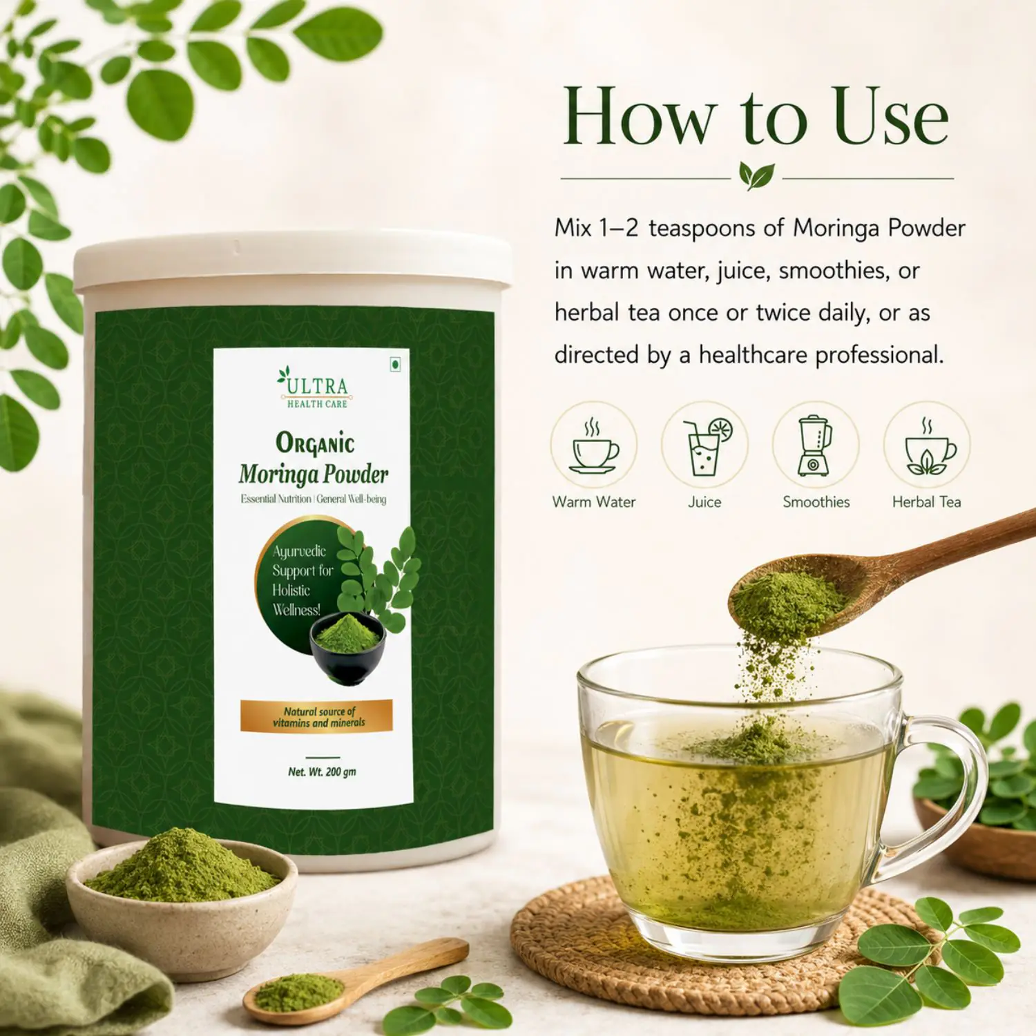 How to use Organic Moringa Powder by mixing 1 to 2 teaspoons in warm water, juice, smoothies, or herbal tea.