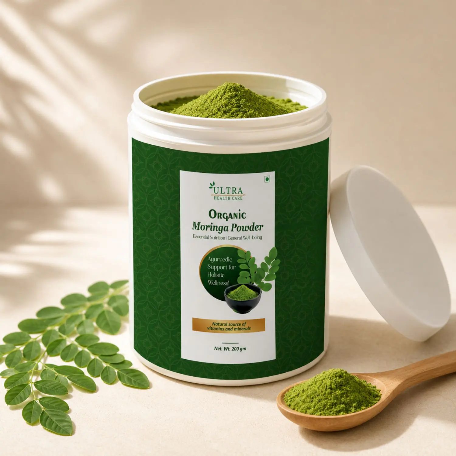 Open jar of Organic Moringa Powder showing green powder inside with fresh moringa leaves and a wooden spoon nearby.