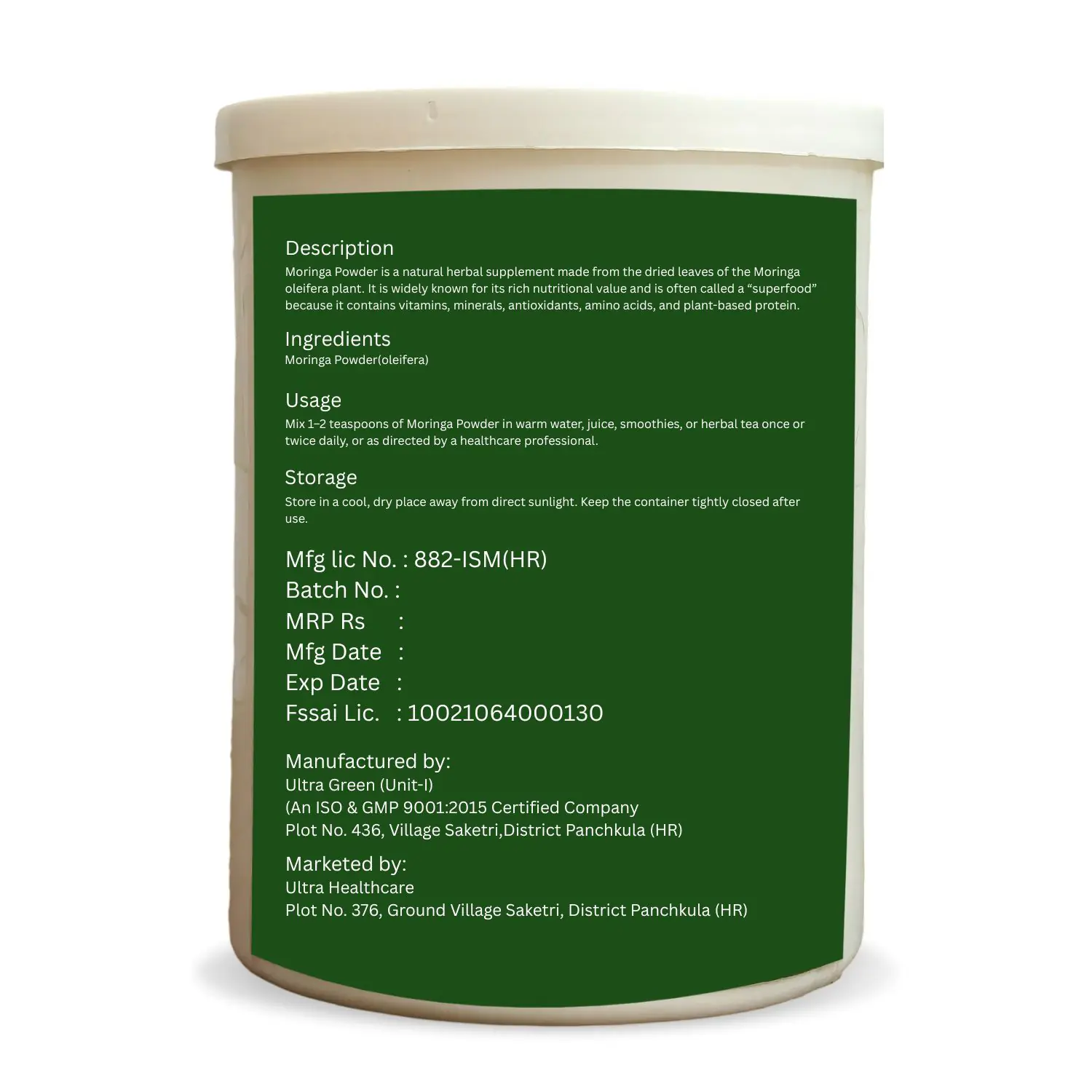 Organic Moringa Powder product information image showing ingredients, directions for use, storage details, net weight, and certification icons.