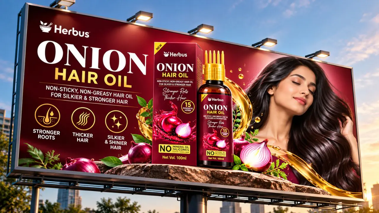 Herbus Onion Hair Oil 100 ml banner: a non-sticky, non-greasy hair oil for silkier and stronger hair, with 15 powerful herbs and no mineral oil or silicones