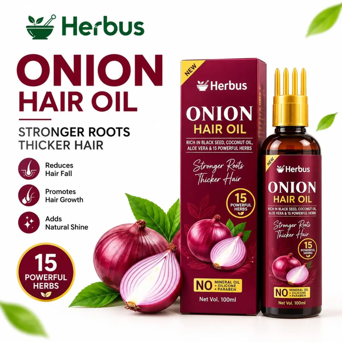 Herbus Onion Hair Oil 100 ml carton and bottle with 15 powerful herbs, no mineral oil, silicone or paraben