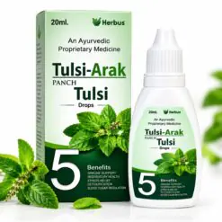 Herbus Panch Tulsi Drops Tulsi Arak, an Ayurvedic proprietary medicine, 20 ml carton beside the dropper bottle