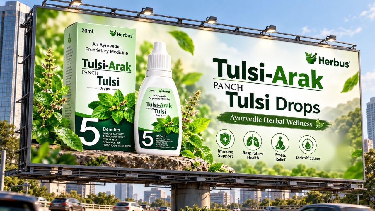 Herbus Tulsi-Arak Panch Tulsi Drops banner: Ayurvedic herbal wellness for immune support, respiratory health, stress relief and detoxification