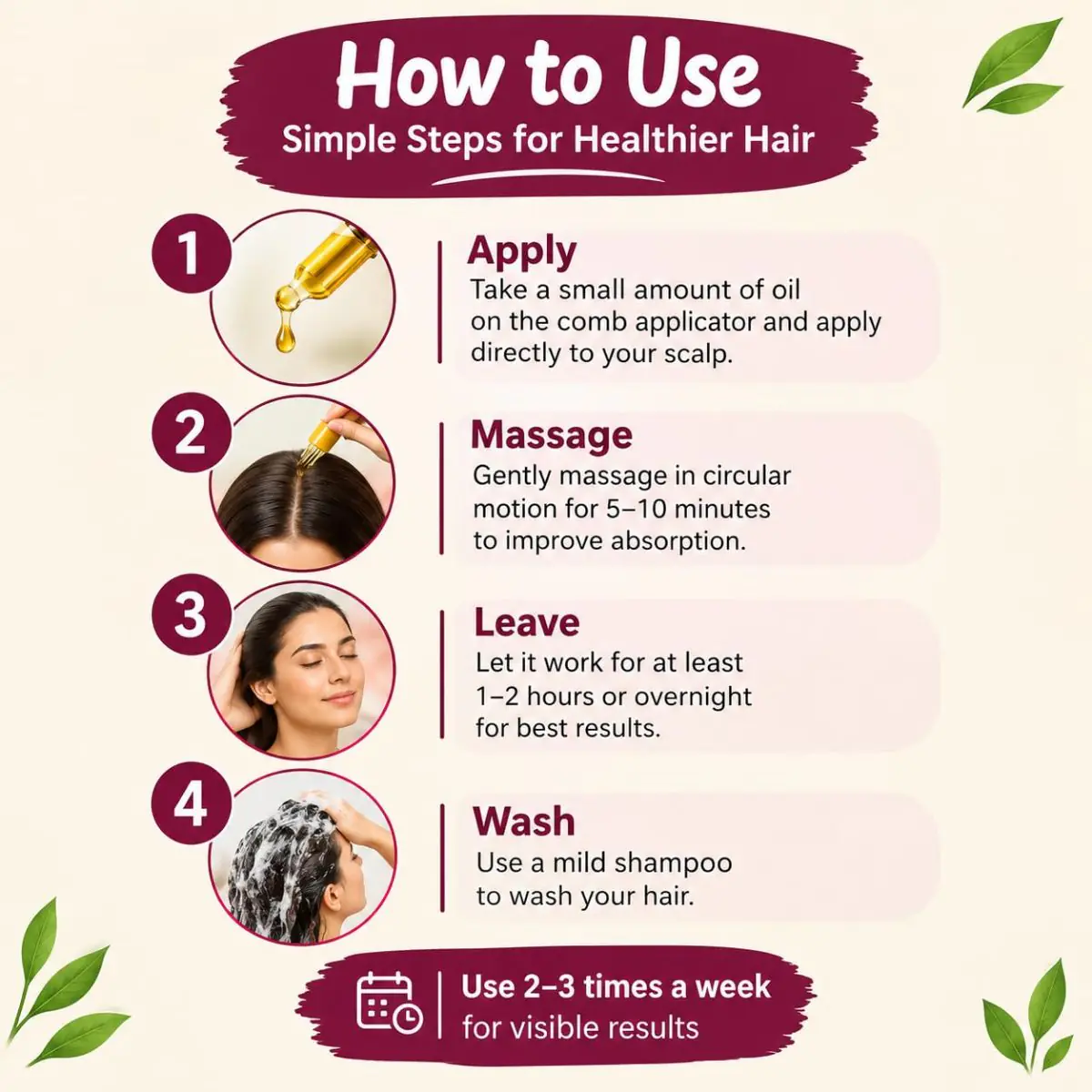 How to use onion hair oil: apply with the comb applicator, massage five to ten minutes, leave one to two hours, wash with a mild shampoo