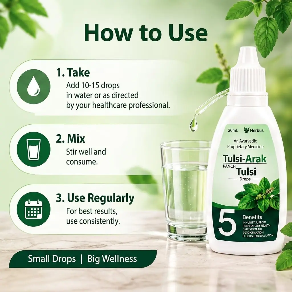 How to use Panch Tulsi Drops: add 10 to 15 drops to water, stir well and drink, use regularly