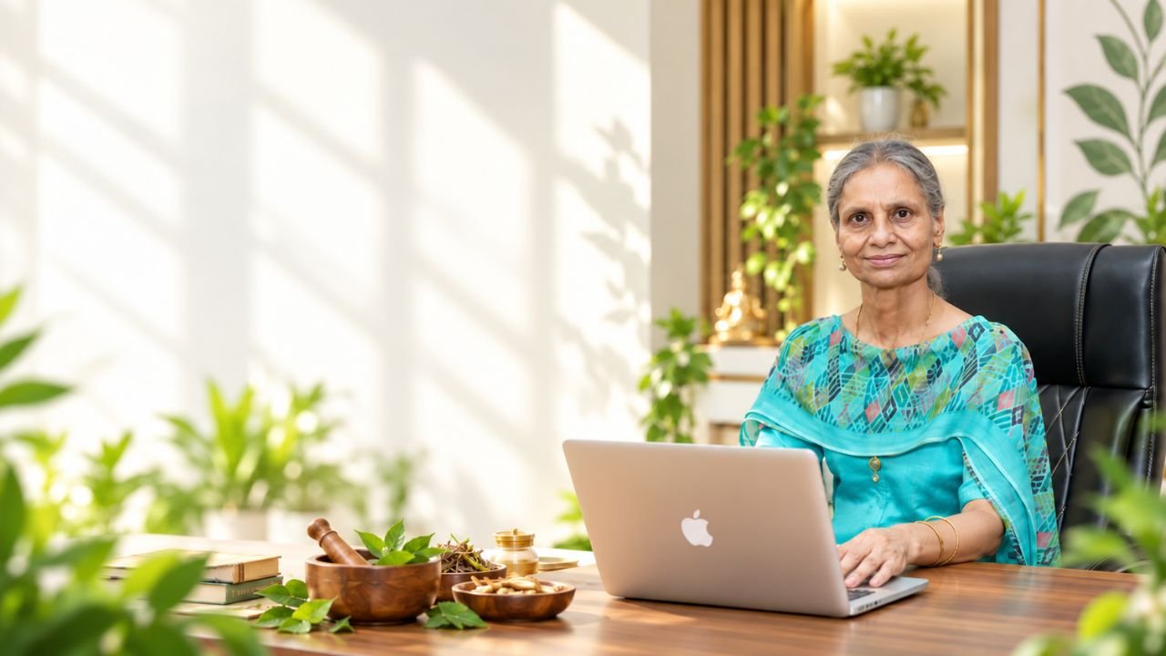 Dr. Minna Jakhar, MBBS, founder of Ultra Healthcare, at her desk with Ayurvedic herbs and preparation tools