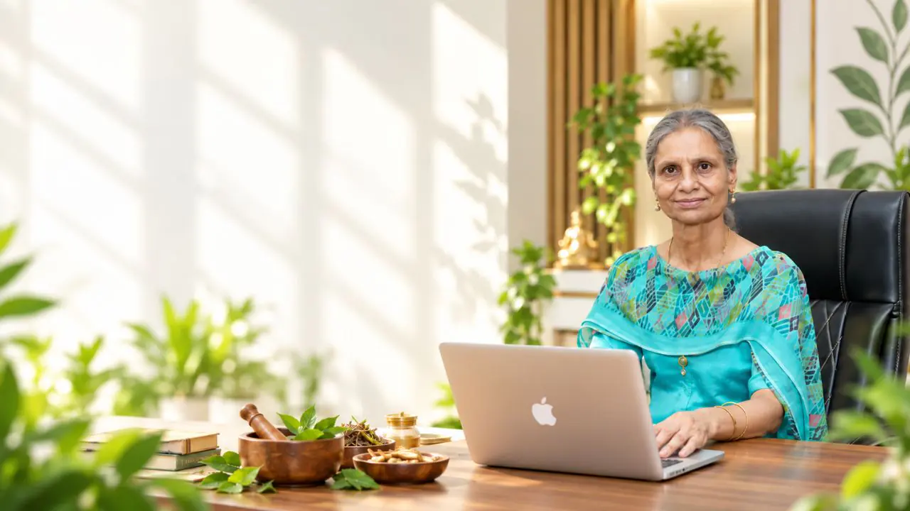 Dr. Minna Jakhar, MBBS, founder of Ultra Healthcare, at her desk with Ayurvedic herbs and preparation tools