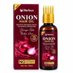 Herbus Onion Hair Oil 100 ml carton beside the amber bottle with its gold comb applicator cap
