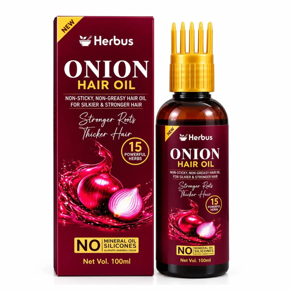 Herbus Onion Hair Oil 100 ml carton beside the amber bottle with its gold comb applicator cap